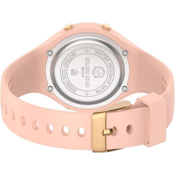 Women Pink Silicone Digital Sports Gold Bezel Water-Resistant Alarm Stopwatch main image 5